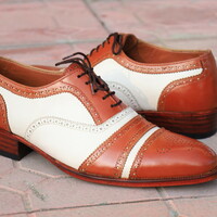 Crafted Leather Handmade Men Classic Brown White Leather Oxford Dress Shoes - Thumbnail 3