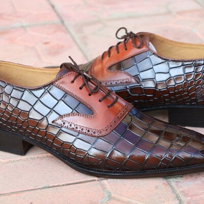 Crafted leather handmade men brown crocodile lace up dress shoes - Thumbnail 2