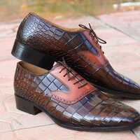 Crafted Leather Handmade Men Brown Crocodile Lace up Dress Shoes - Thumbnail 1