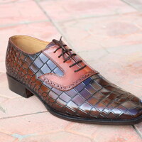 Crafted Leather Handmade Men Brown Crocodile Lace up Dress Shoes - Thumbnail 2
