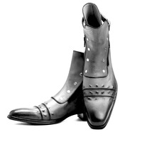 Crafted Leather Handmade Men Classic Gray Leather Jodhpur Boot with Zipper and Button - Thumbnail 1