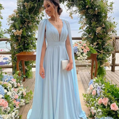 Charming a line v neck light blue long prom dress