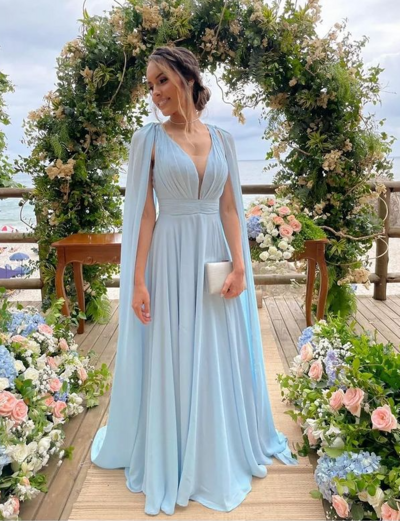 Charming A Line V Neck Light Blue Long Prom Dress