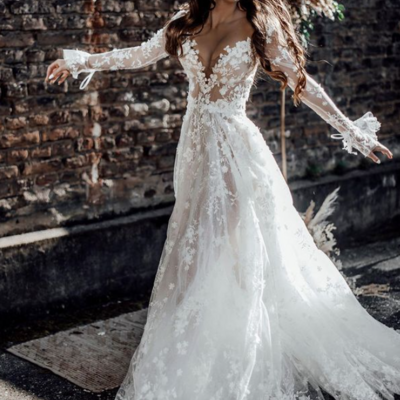 Romantic a-line long sleeves lace wedding dresses