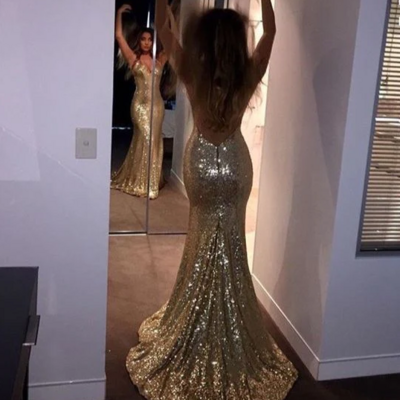 Sexy open back gold sequins mermaid prom dresses with sweep train  - Thumbnail 2