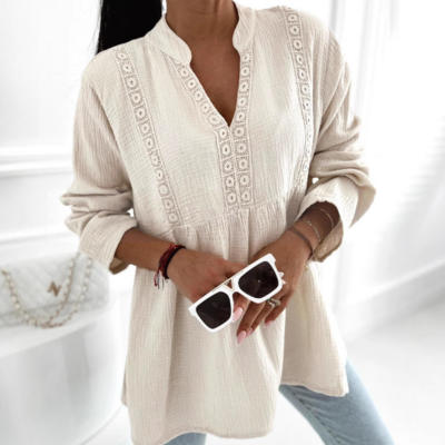 Long sleeved v-neck lace patchwork loose shirt