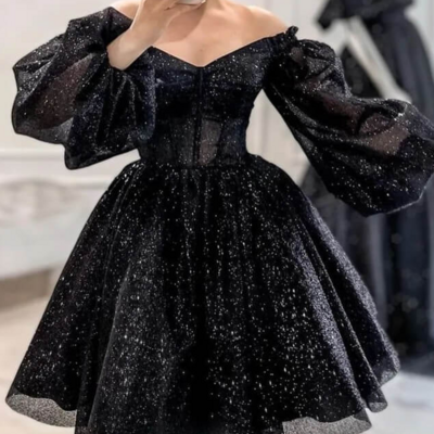 Sparkly puffy sleeve short black homecoming dress