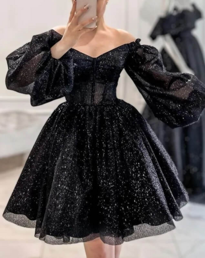 Sparkly Puffy Sleeve Short Black Homecoming Dress