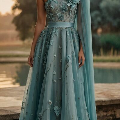 Blue mermaid prom dresses handmade flowers evening gowns formal party gowns - Thumbnail 2