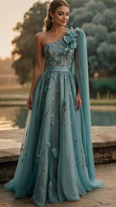 Blue Mermaid Prom Dresses Handmade Flowers Evening Gowns Formal Party Gowns