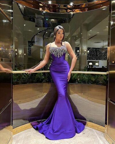 Purple Sheath Prom Dresses Beading Crystals Evening Gowns Formal Party Gowns