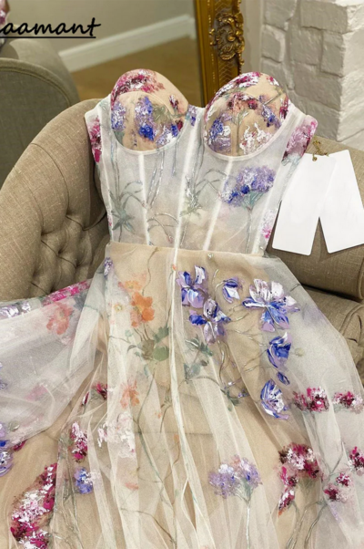 Goddess Floral Tulle and Lace Evening Party Dress