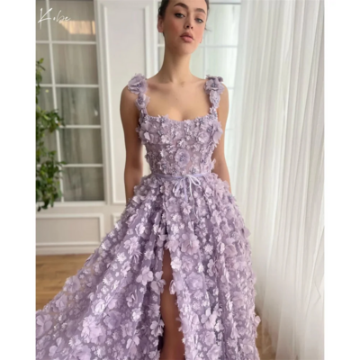 Purple Square Collar Ball Gown Evening Party Dress with High Side Slit