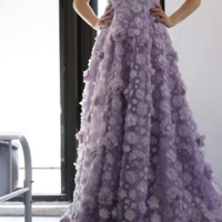 Purple Square Collar Ball Gown Evening Party Dress with High Side Slit - Thumbnail 2