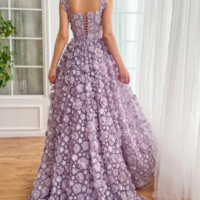 Purple Square Collar Ball Gown Evening Party Dress with High Side Slit - Thumbnail 3