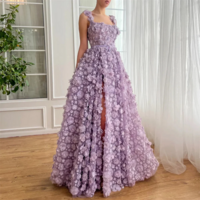 Purple Square Collar Ball Gown Evening Party Dress with High Side Slit - Thumbnail 4