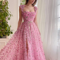  Elegant Princess Style Pink Square Collar Ball Gown Dress - Thumbnail 2