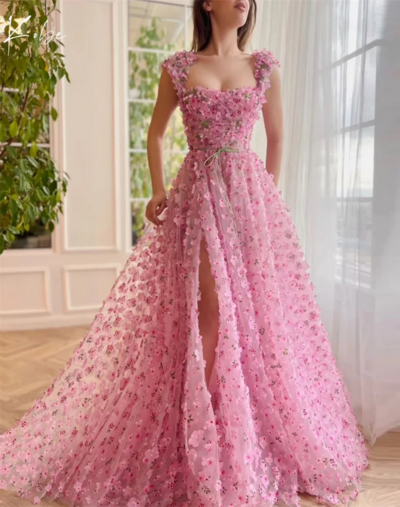  Elegant Princess Style Pink Square Collar Ball Gown Dress
