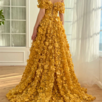 Yellow Off-Shoulder A-Line Prom Dress with Appliqués and High Side Slit - Thumbnail 3