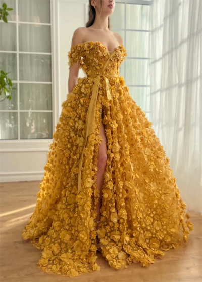 Yellow Off-Shoulder A-Line Prom Dress with Appliqués and High Side Slit