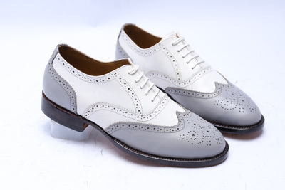 Crafted Leather Handmade Men Classic Gray White Leather Wingtip Oxford Dress Shoes