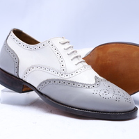 Crafted Leather Handmade Men Classic Gray White Leather Wingtip Oxford Dress Shoes - Thumbnail 3