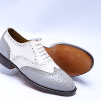 Crafted Leather Handmade Men Classic Gray White Leather Wingtip Oxford Dress Shoes - Thumbnail 4