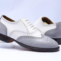 Crafted Leather Handmade Men Classic Gray White Leather Wingtip Oxford Dress Shoes - Thumbnail 5