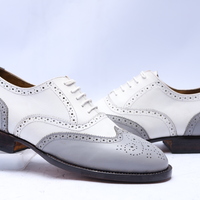 Crafted Leather Handmade Men Classic Gray White Leather Wingtip Oxford Dress Shoes - Thumbnail 8
