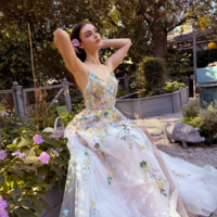 Spaghetti Strap Floral Embroidery Tulle Prom Dress - Thumbnail 1
