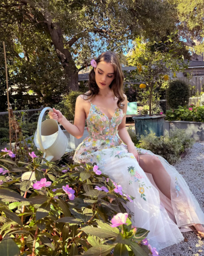 Spaghetti Strap Floral Embroidery Tulle Prom Dress
