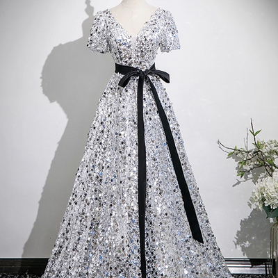 White tulle and silver sequins long prom party dress - Thumbnail 1