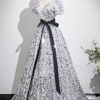 White Tulle and Silver Sequins Long Prom Party Dress - Thumbnail 1