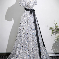 White Tulle and Silver Sequins Long Prom Party Dress - Thumbnail 2