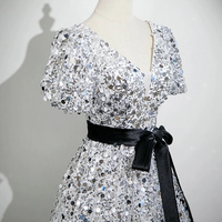 White Tulle and Silver Sequins Long Prom Party Dress - Thumbnail 3