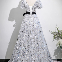 White Tulle and Silver Sequins Long Prom Party Dress - Thumbnail 5