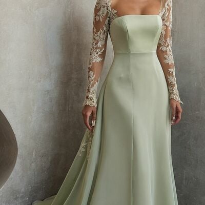 Elegant sheath prom dresses long sleeve lace appliques evening gowns formal party gowns - Thumbnail 1