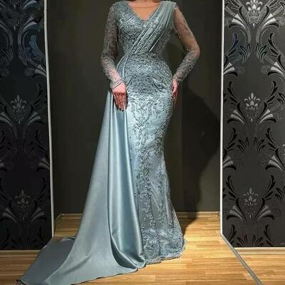 Green sheath prom dresses beading crystals evening gowns formal party gowns - Thumbnail 2