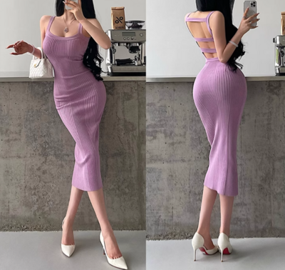 Square Neck Elastic Bodycon Knitted Dress