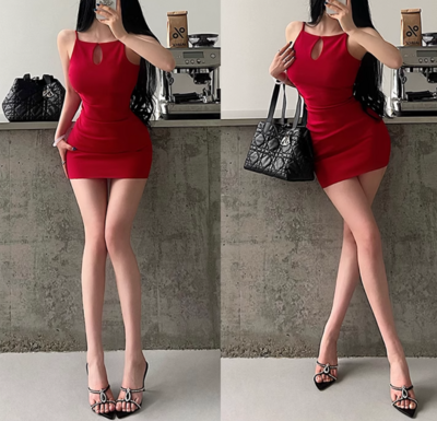 Pleated Temperament Hollow Vest Dress Waist Hip Skirt