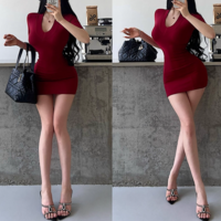 Sexy Basic V-Neck Hip-wrapped Short Sleeve Dress - Thumbnail 2