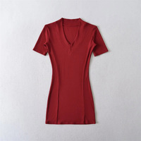 Sexy Basic V-Neck Hip-wrapped Short Sleeve Dress - Thumbnail 5