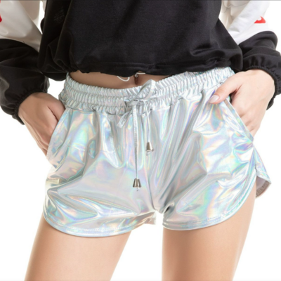 New laser solid color versatile elastic lace-up shorts and leather pants