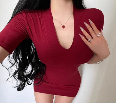 Sexy Basic V-Neck Hip-wrapped Short Sleeve Dress