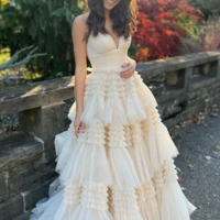 Spaghetti Straps Ruffles Champagne A-Line Formal Split Evening Dresses - Thumbnail 1
