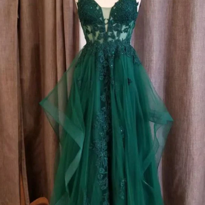 Deep v neck hunter green flower straps appliques ruffles prom dress
