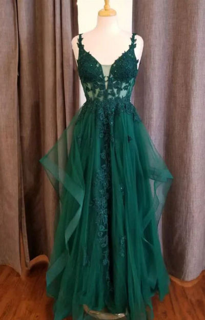 Deep V Neck Hunter Green Flower Straps Appliques Ruffles Prom Dress