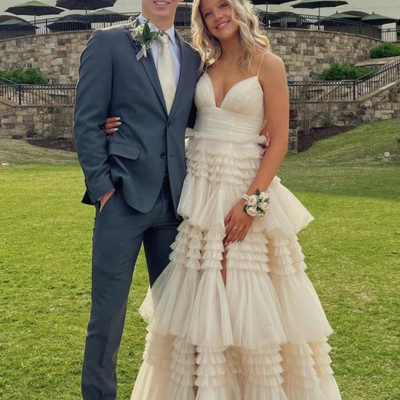 Spaghetti straps ruffles champagne a-line formal split evening dresses