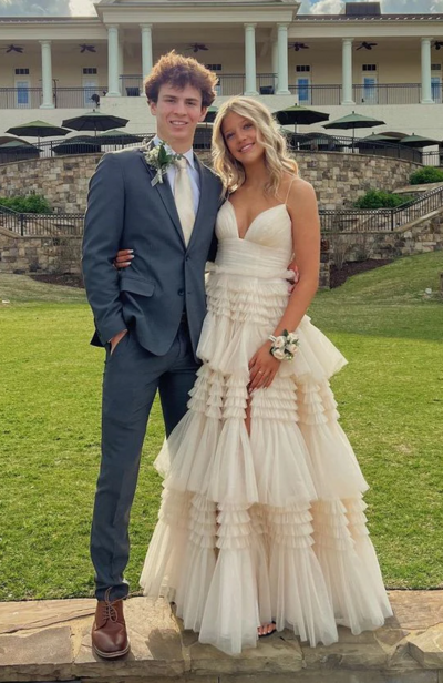 Spaghetti Straps Ruffles Champagne A-Line Formal Split Evening Dresses