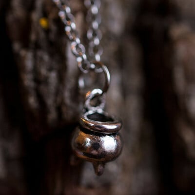 Halloween wizard pendant necklace – silver witch’s cauldron charm on water wave chain